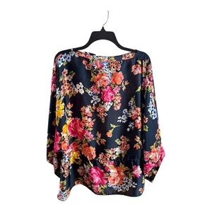 Chaps Floral Dolman Sleeve Top Large Navy Pink Orange Adjustable Tie Waist